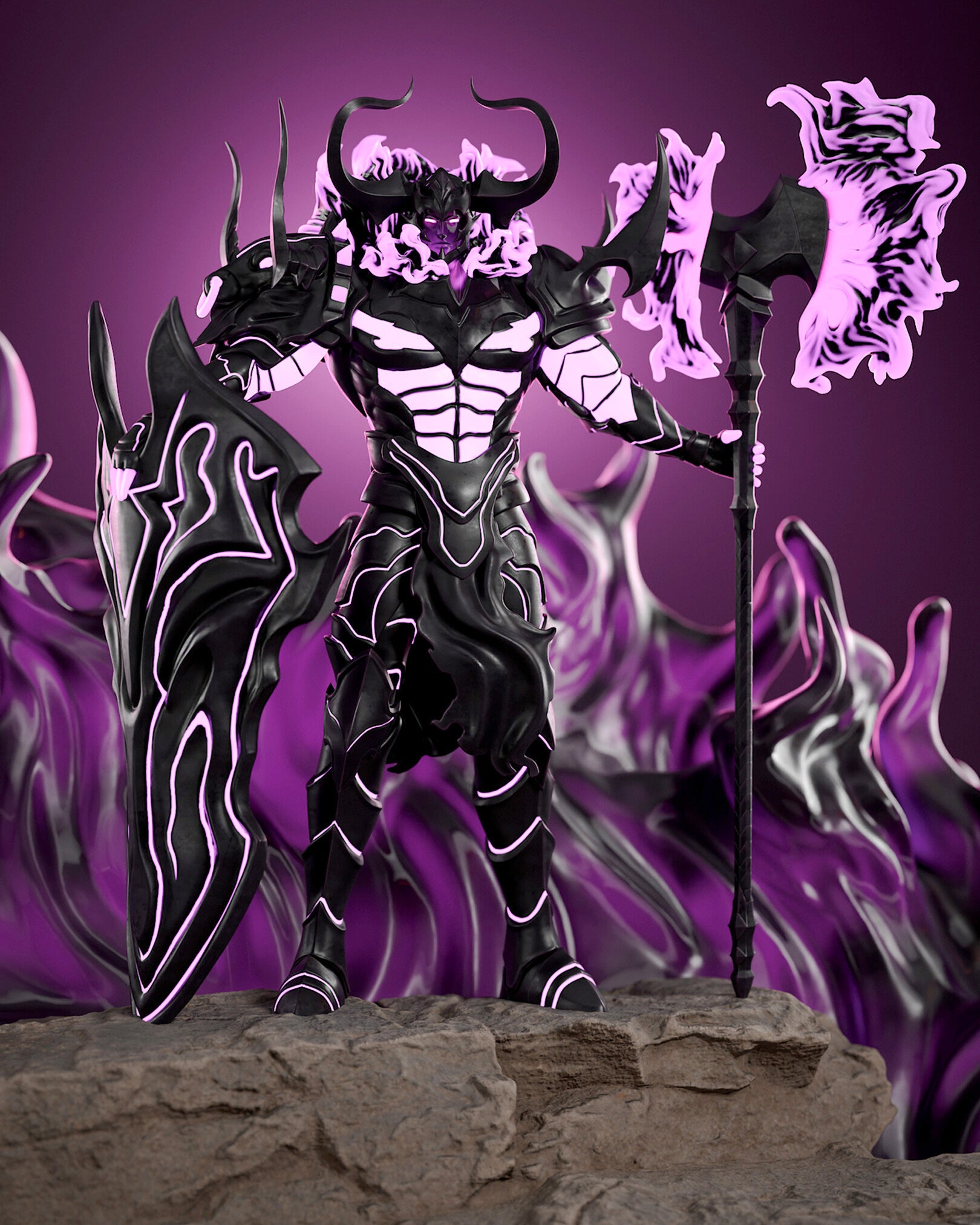 Black and purple fantasy costume with wings and staff on a purple background