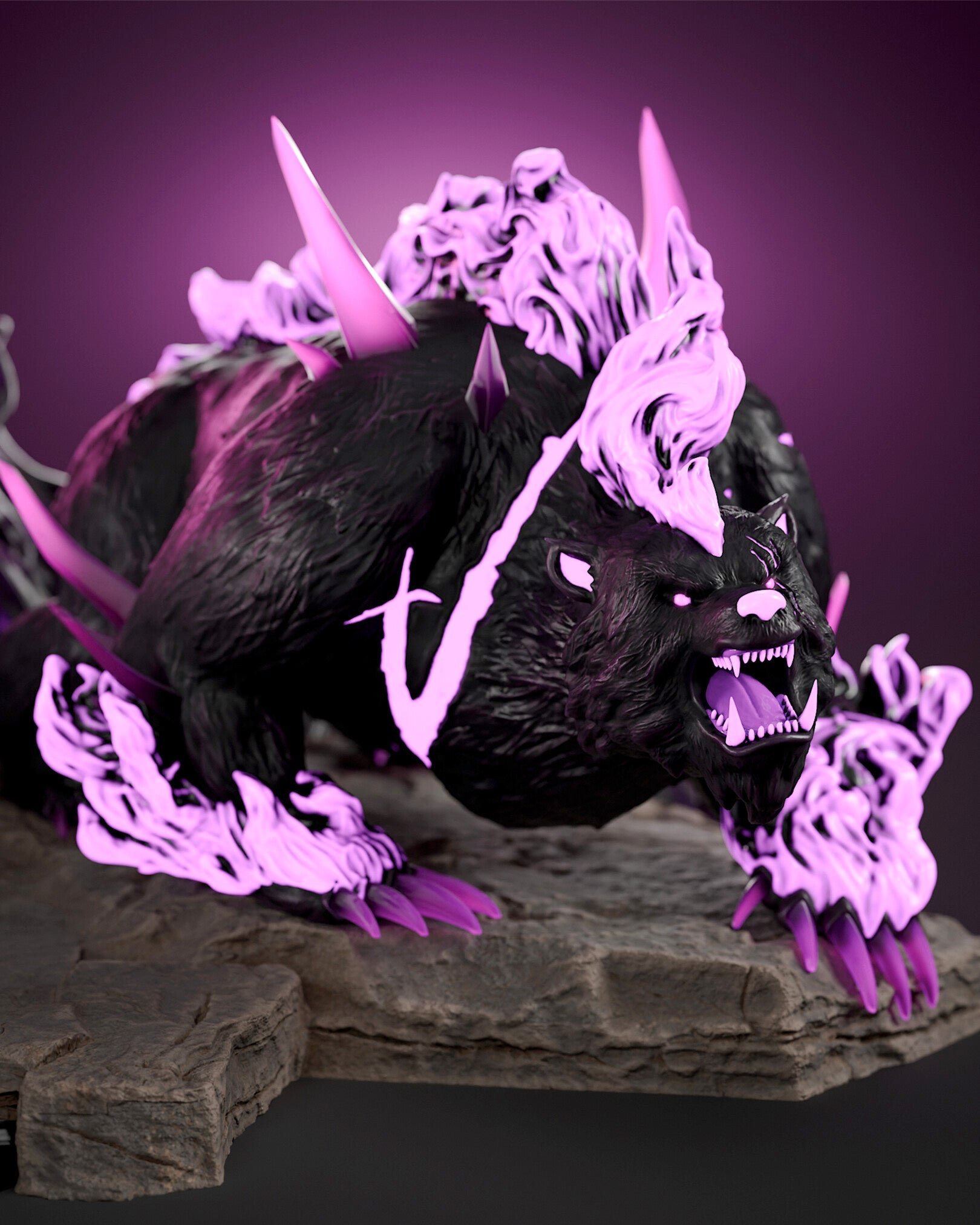 Monster-like creature with pink accents on a dark background