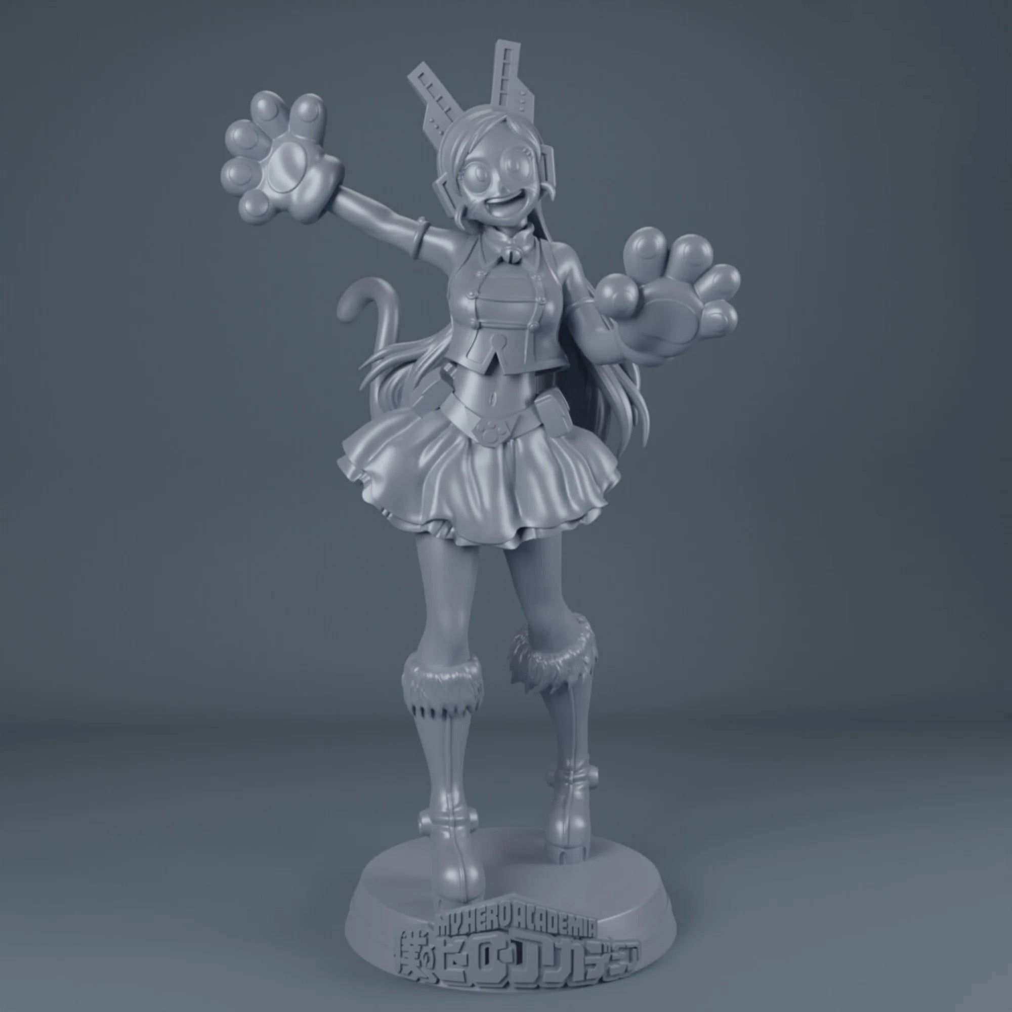 Gray toy figure with a robot and cheerleader design on a gray background
