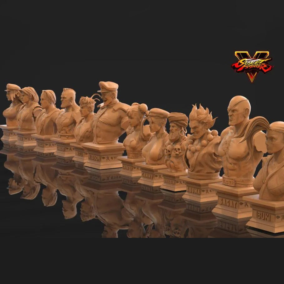 Wooden busts of various characters on a reflective surface with a dark background