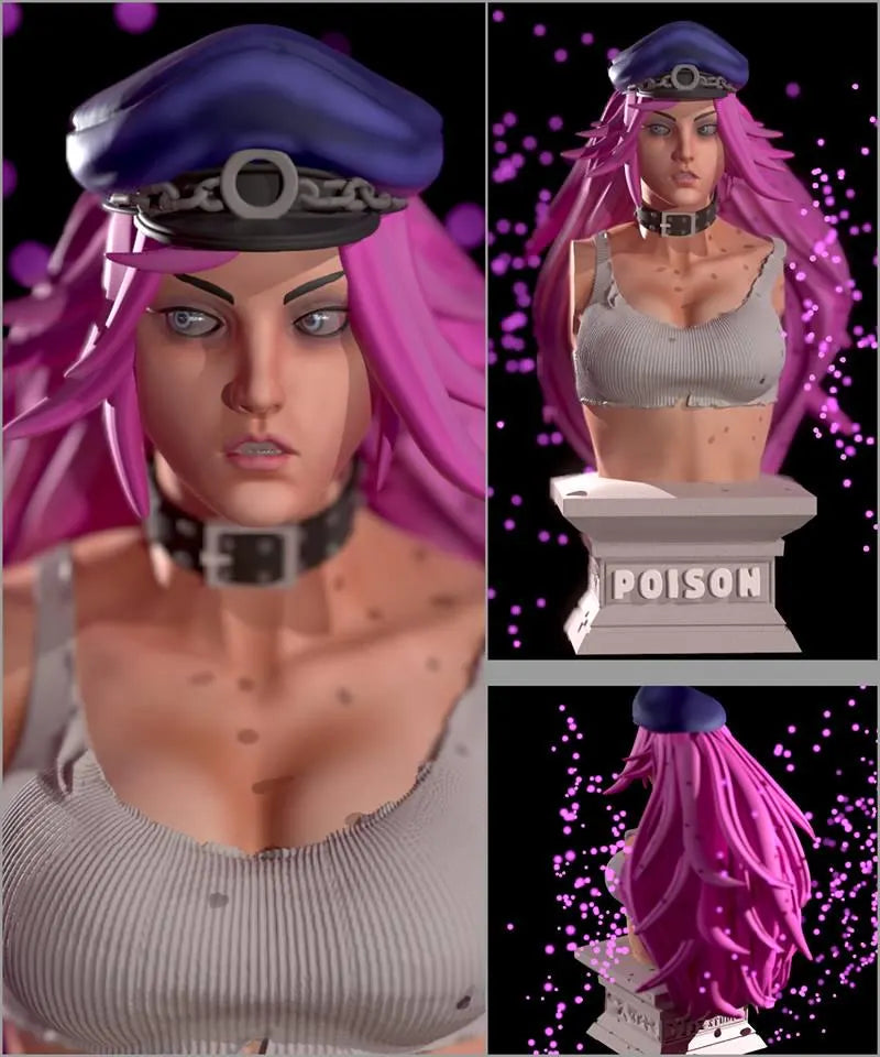 Collage of a character with pink hair and purple hat, wearing a gray top, on a black background with pink sparkles.