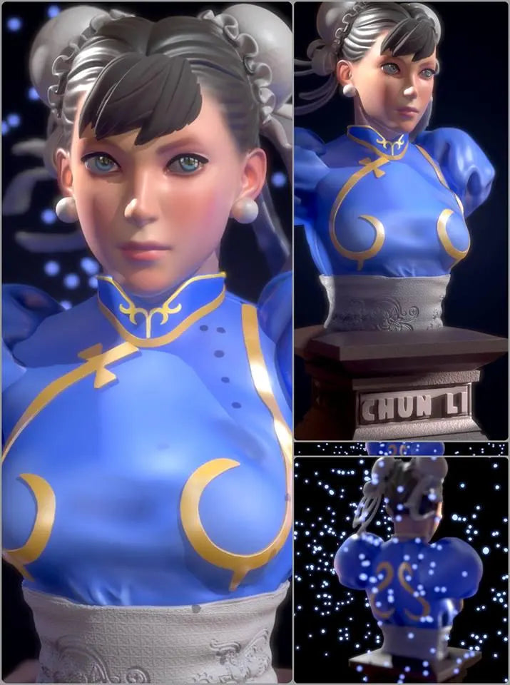 Collage of a character in a blue outfit with gold accents, including a bust and close-up views.