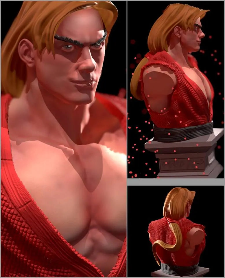 Collage of a character in a red outfit with a yellow emblem, shown from different angles.