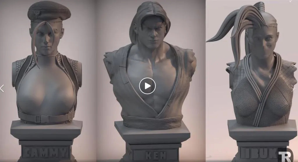 Three busts of a character with different hairstyles on a neutral background