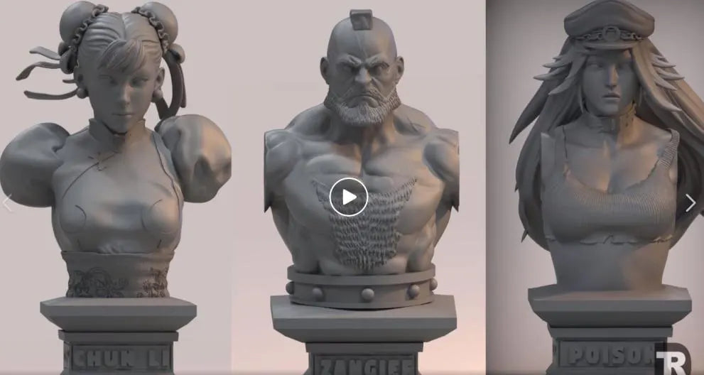 Three 3D-rendered busts of a woman, a man, and another woman on a plain background.