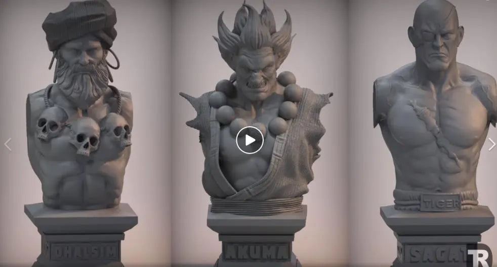 Three stone-like busts with different designs on a neutral background