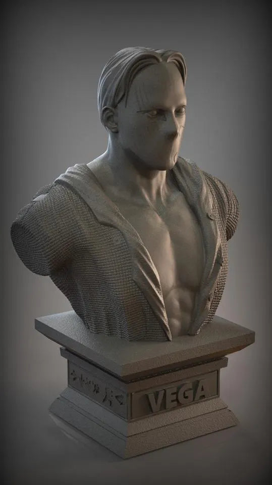 Bust sculpture on a pedestal with 'VEGA' branding against a gray background
