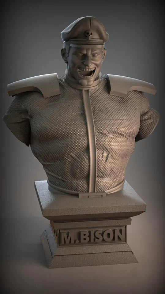Bust of a character in military uniform with 'M. Bison' on a pedestal against a gray background