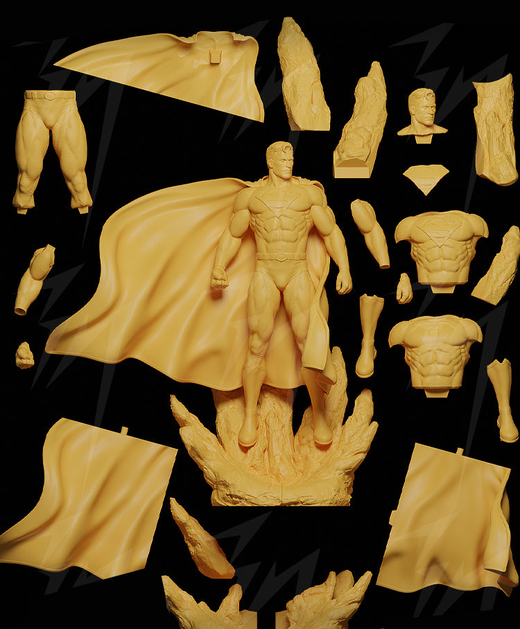 Yellow superhero figure with interchangeable parts on a black background