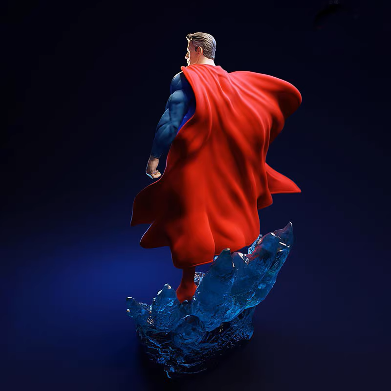 Superman figure with red cape and blue suit on a dark background