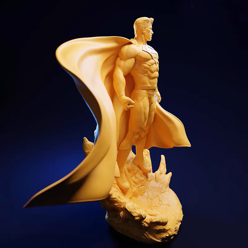 Superhero statue with cape on a dark blue background
