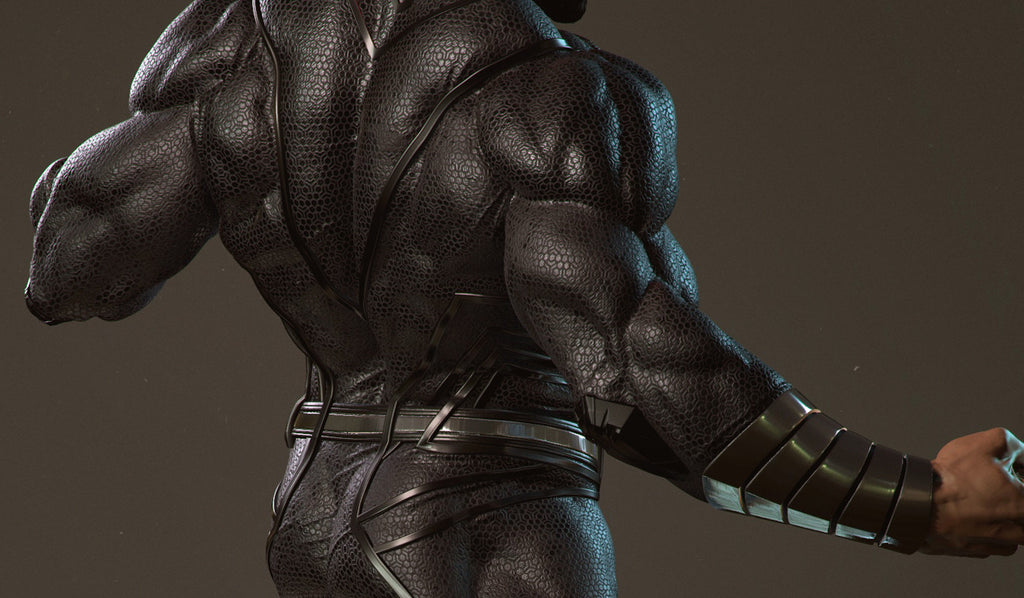 Superhero in black suit with blue accents on a gray background