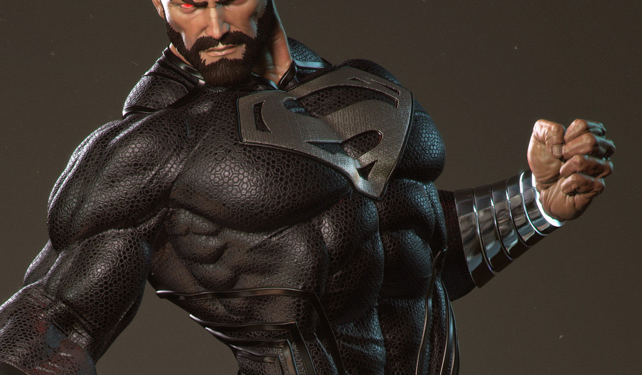 Superhero figure in black costume with metallic arm and chest emblem on a dark background