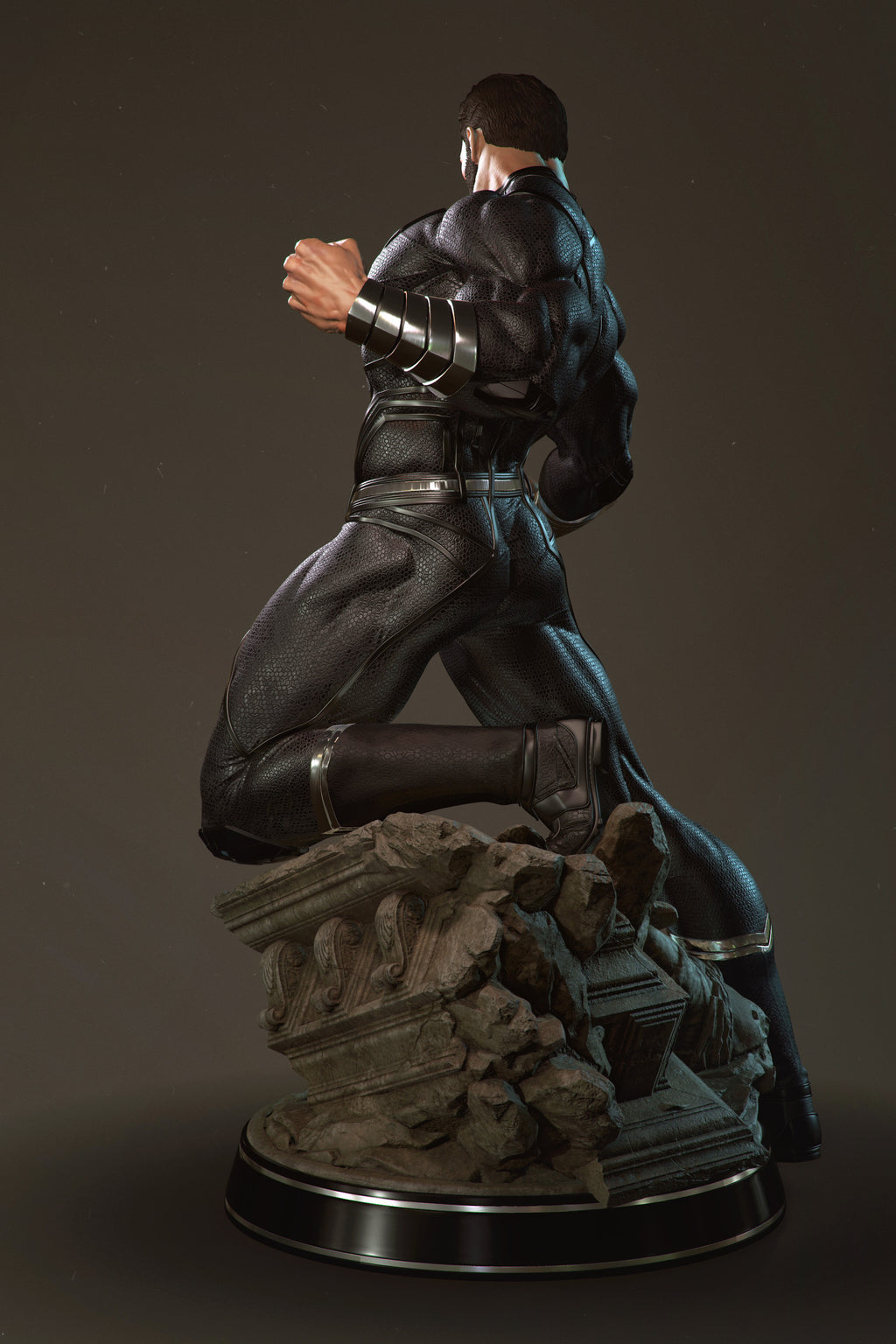 Statue of a character in a dynamic pose on a dark background