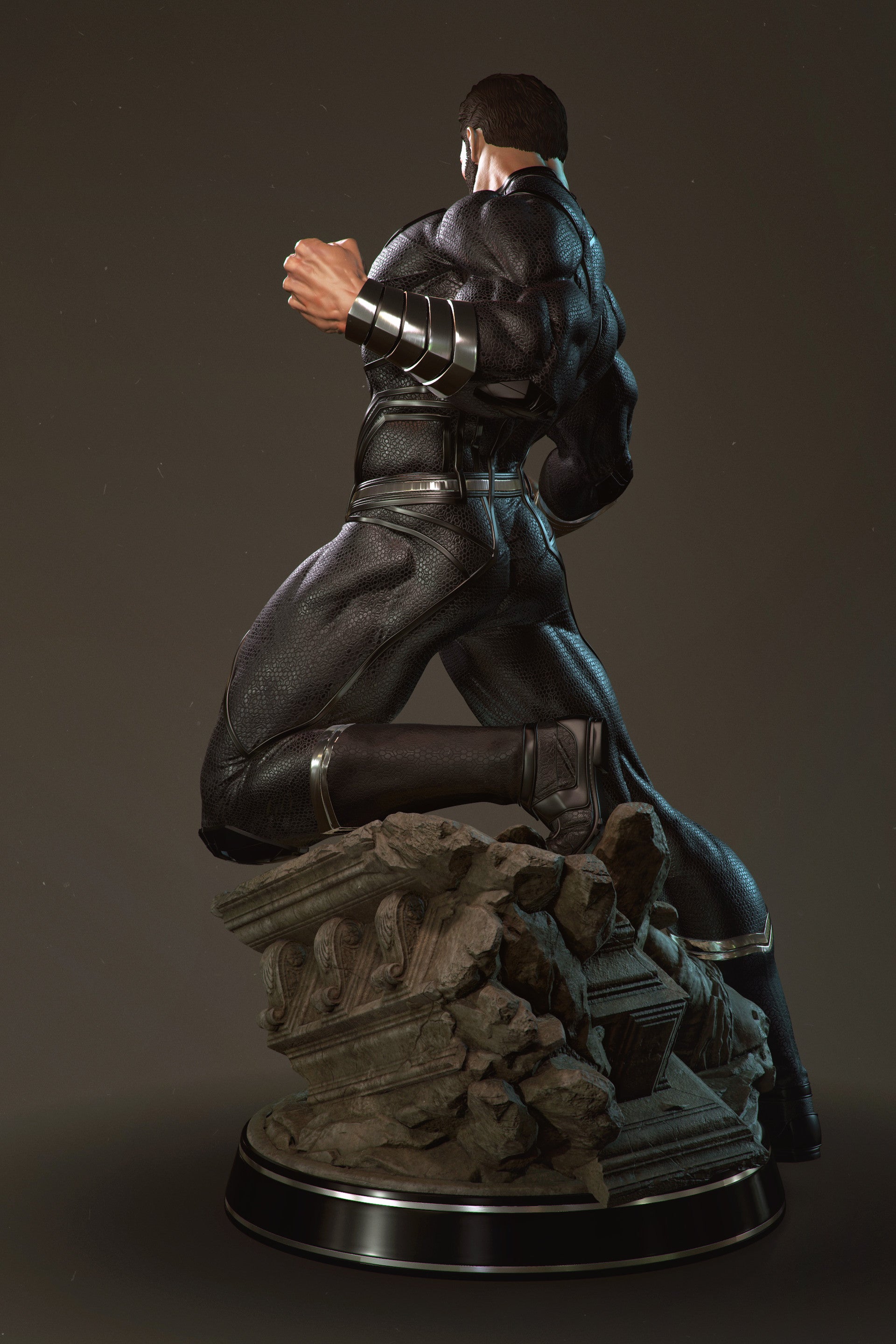 Statue of a character in a dynamic pose on a dark background