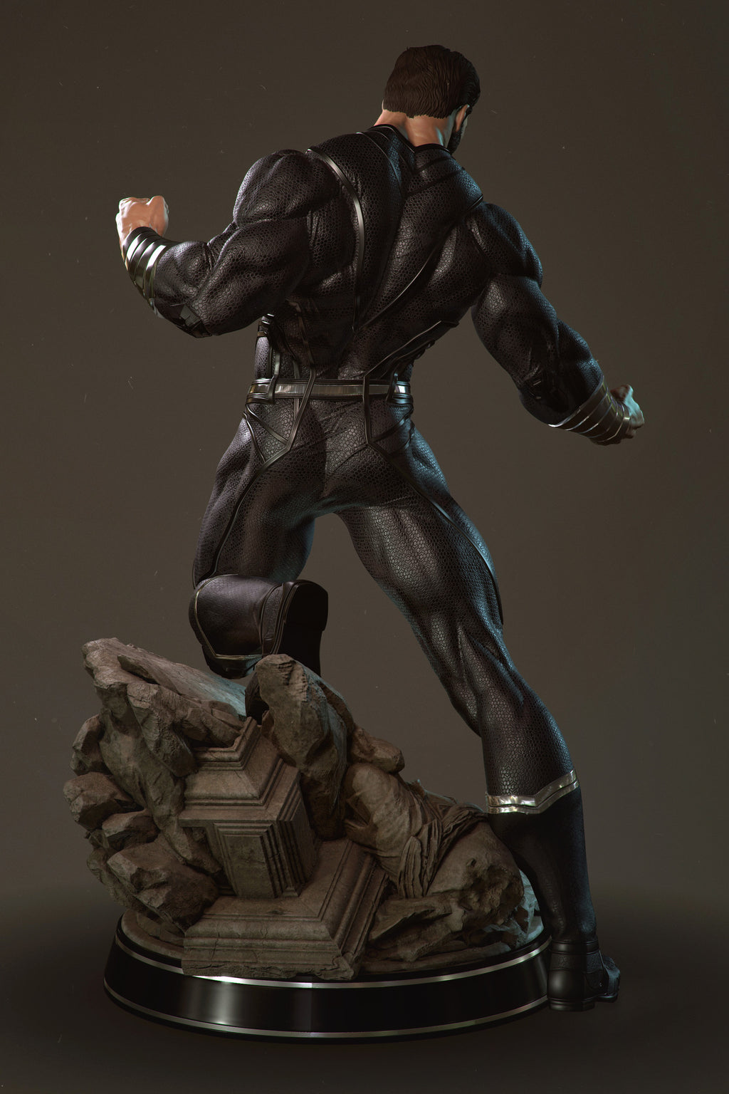 Statue of a character in a dynamic pose on a dark background