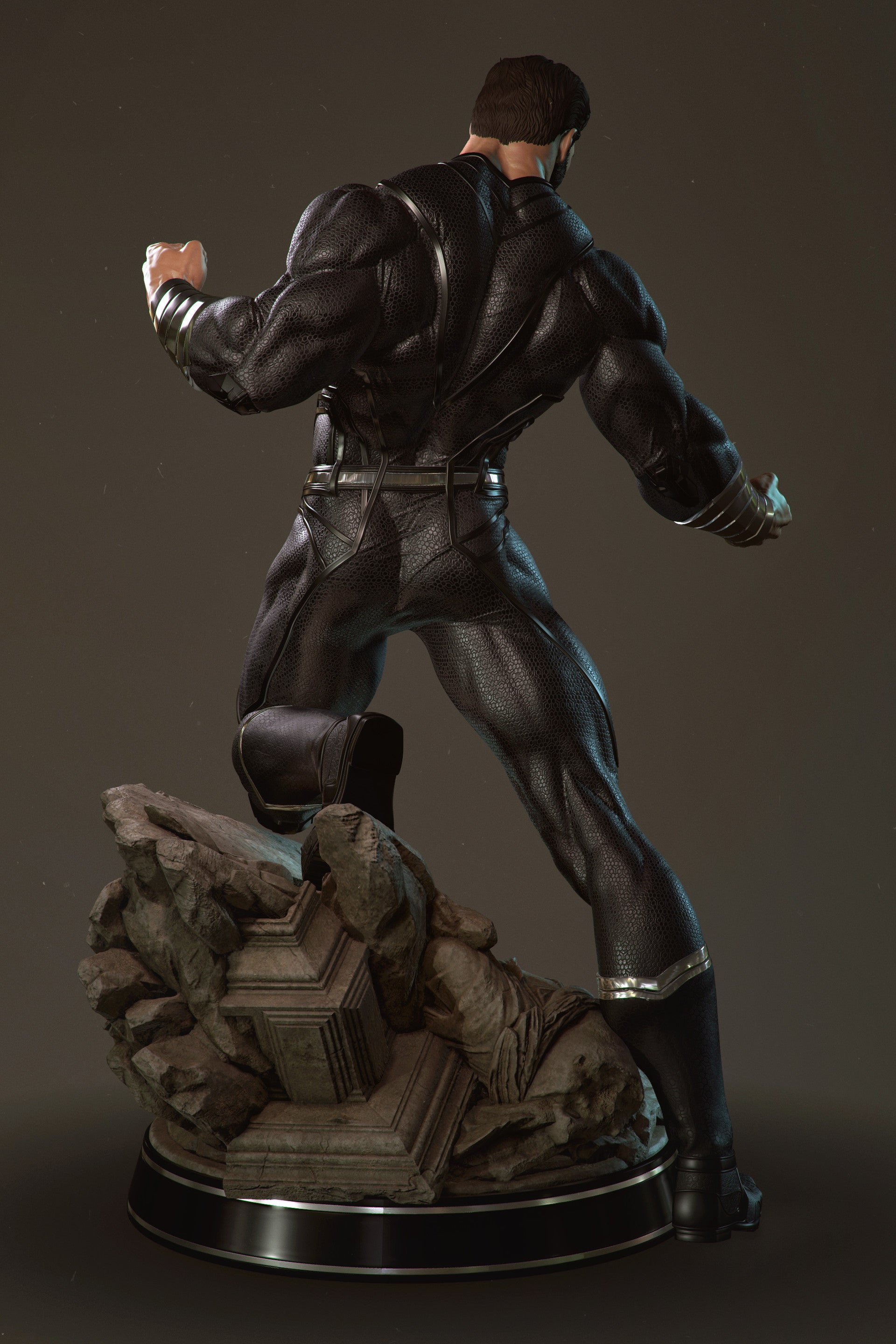 Statue of a character in a dynamic pose on a dark background
