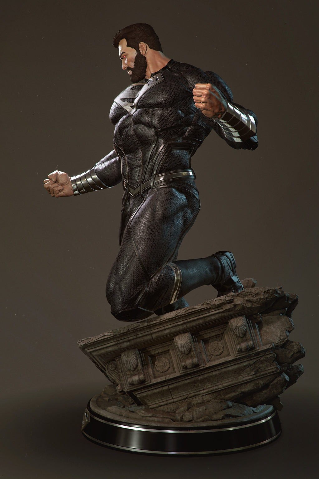 Statue of a superhero in a dynamic pose on a dark background