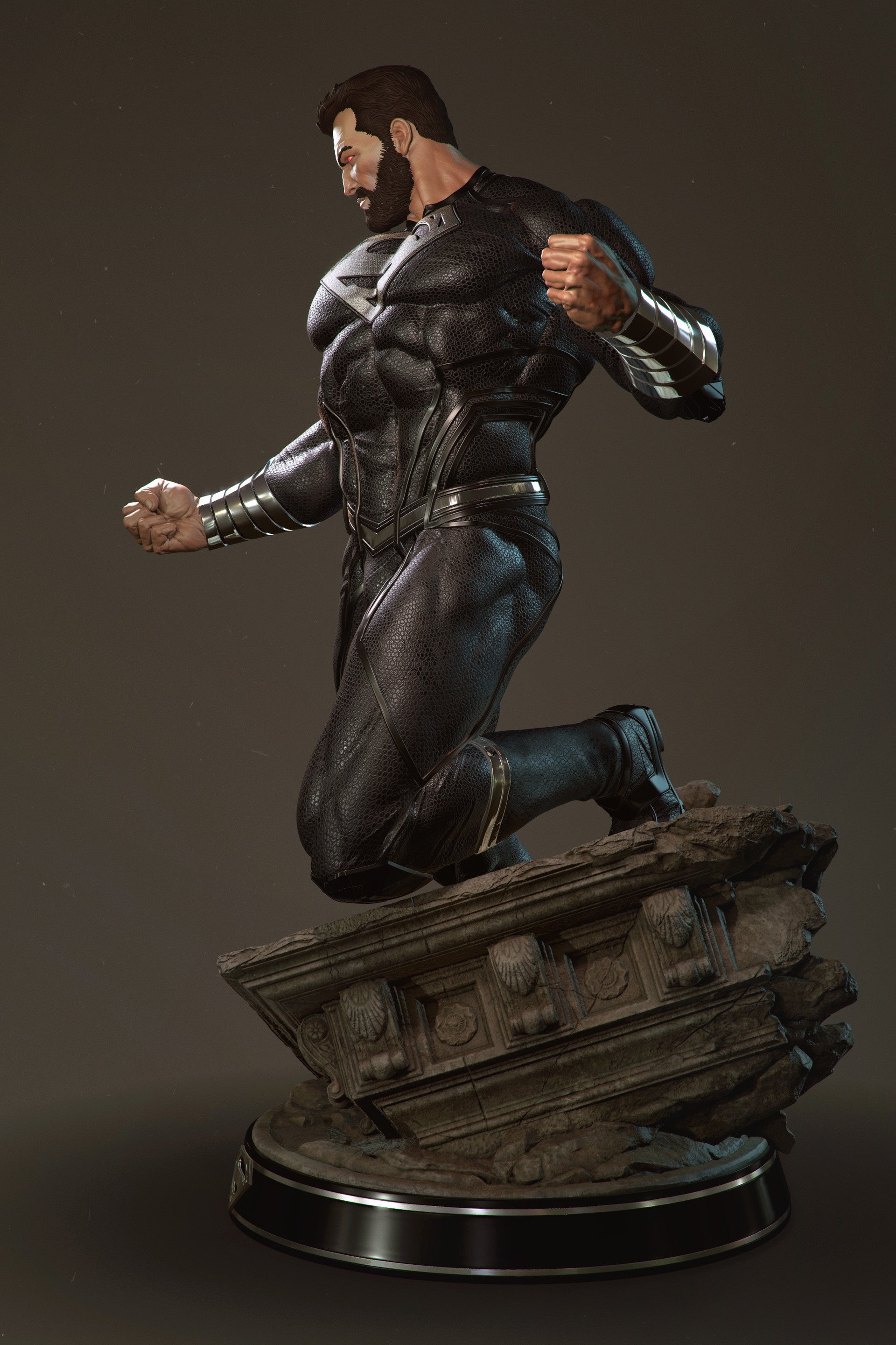 Statue of a superhero in a dynamic pose on a dark background