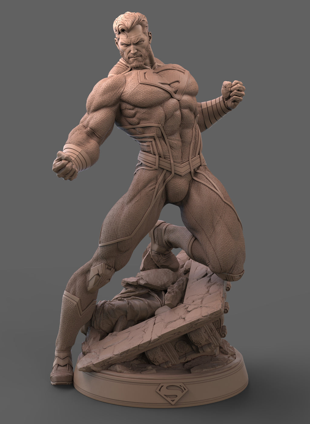 Superhero statue in a dynamic pose on a gray background