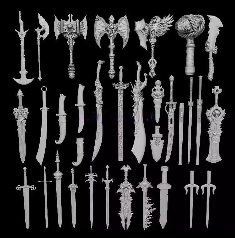 Collection of various fantasy swords and weapons on a black background