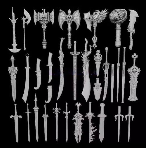 Collection of various fantasy swords and weapons on a black background