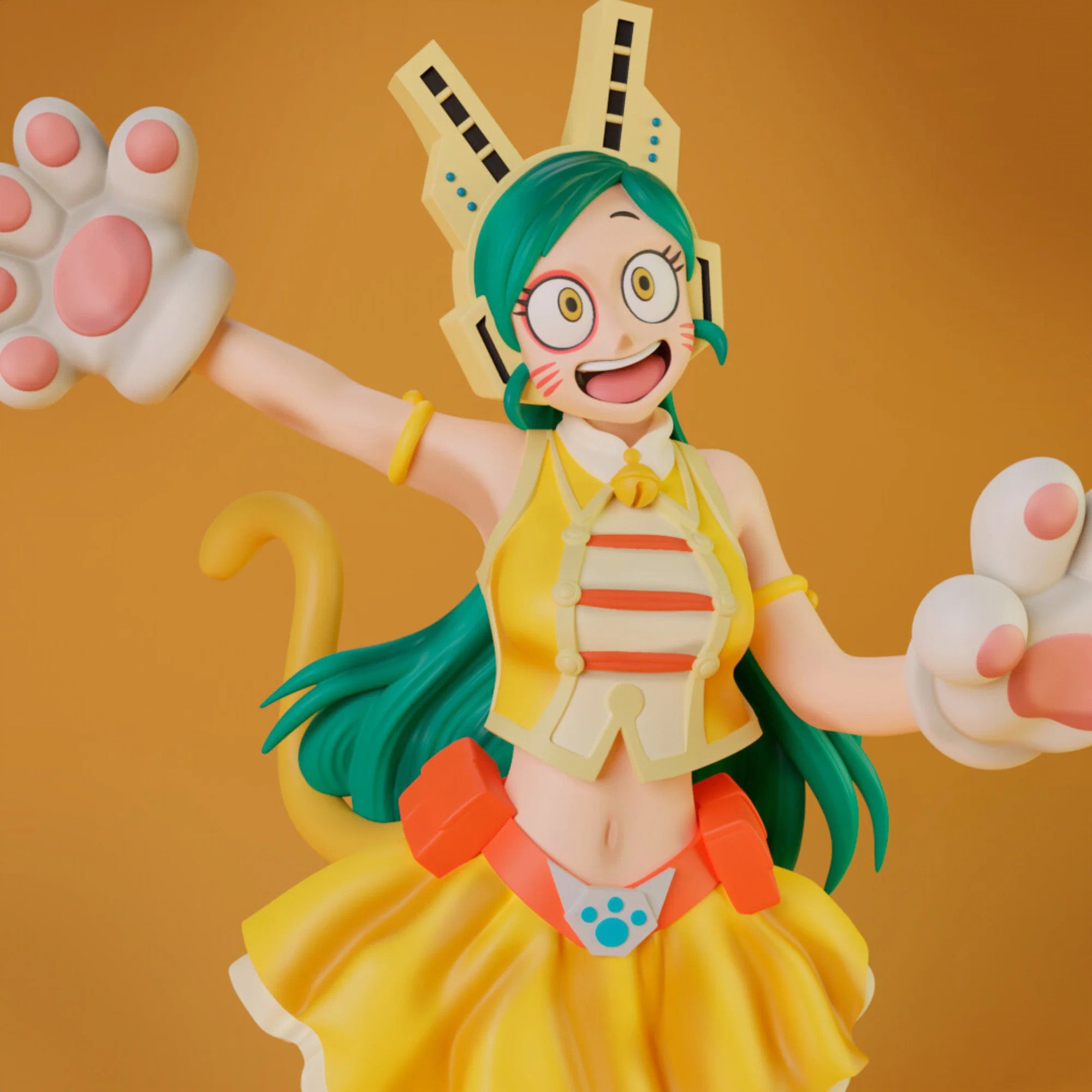 Colorful figurine with green hair and yellow outfit against a brown background