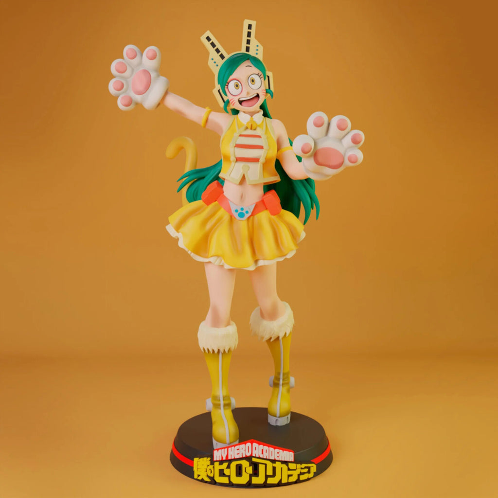 Animated character figurine with green hair and yellow outfit on an orange background