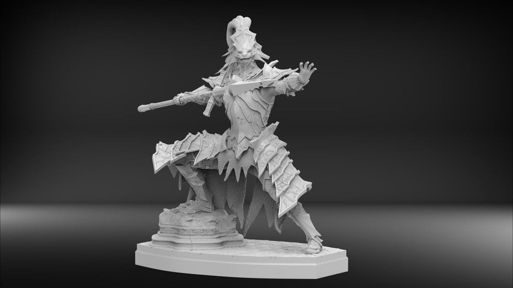 Gray-scale figurine of a warrior with armor and weapons on a dark background