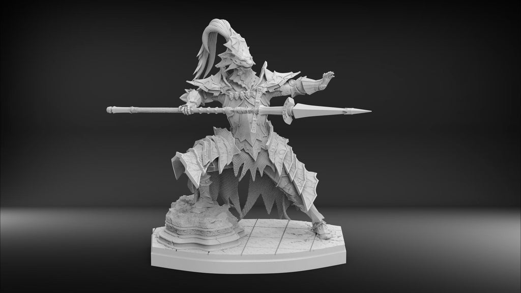 Gray scale figurine of a warrior with a spear on a dark background