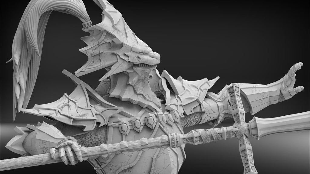 Gray-scale dragon-like creature holding a large weapon on a black background