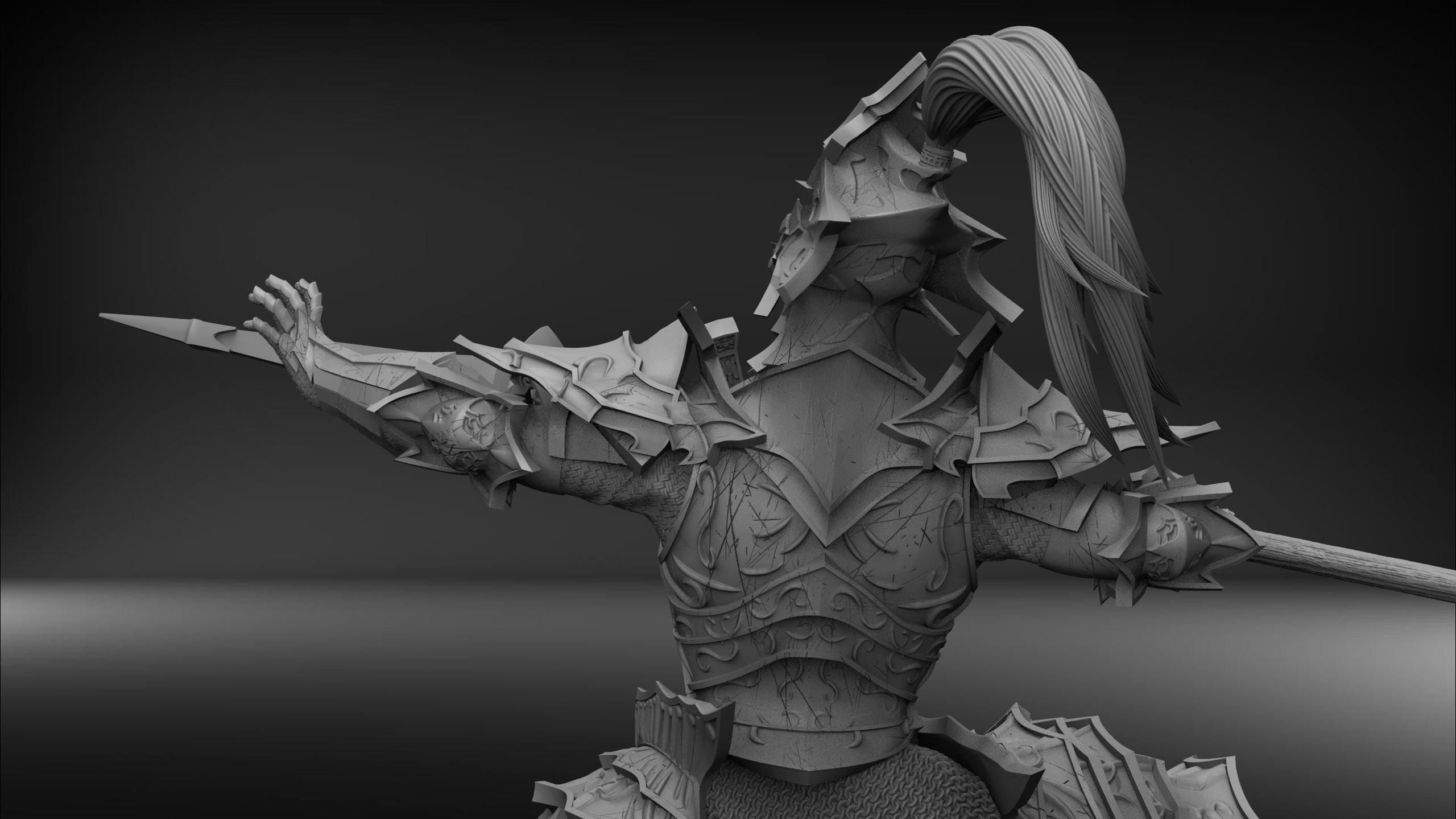 Gray-scale 3D model of a warrior in armor with a spear on a dark background