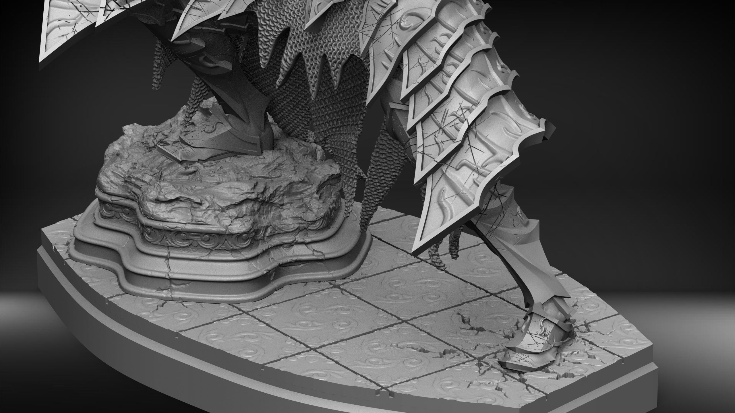 Gray-scale model of a dragon on a stone platform with a dark background