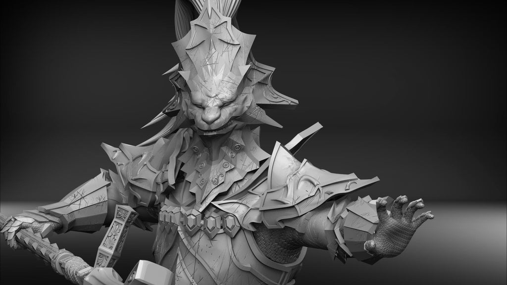 Gray-scale image of a detailed fantasy creature with armor on a dark background