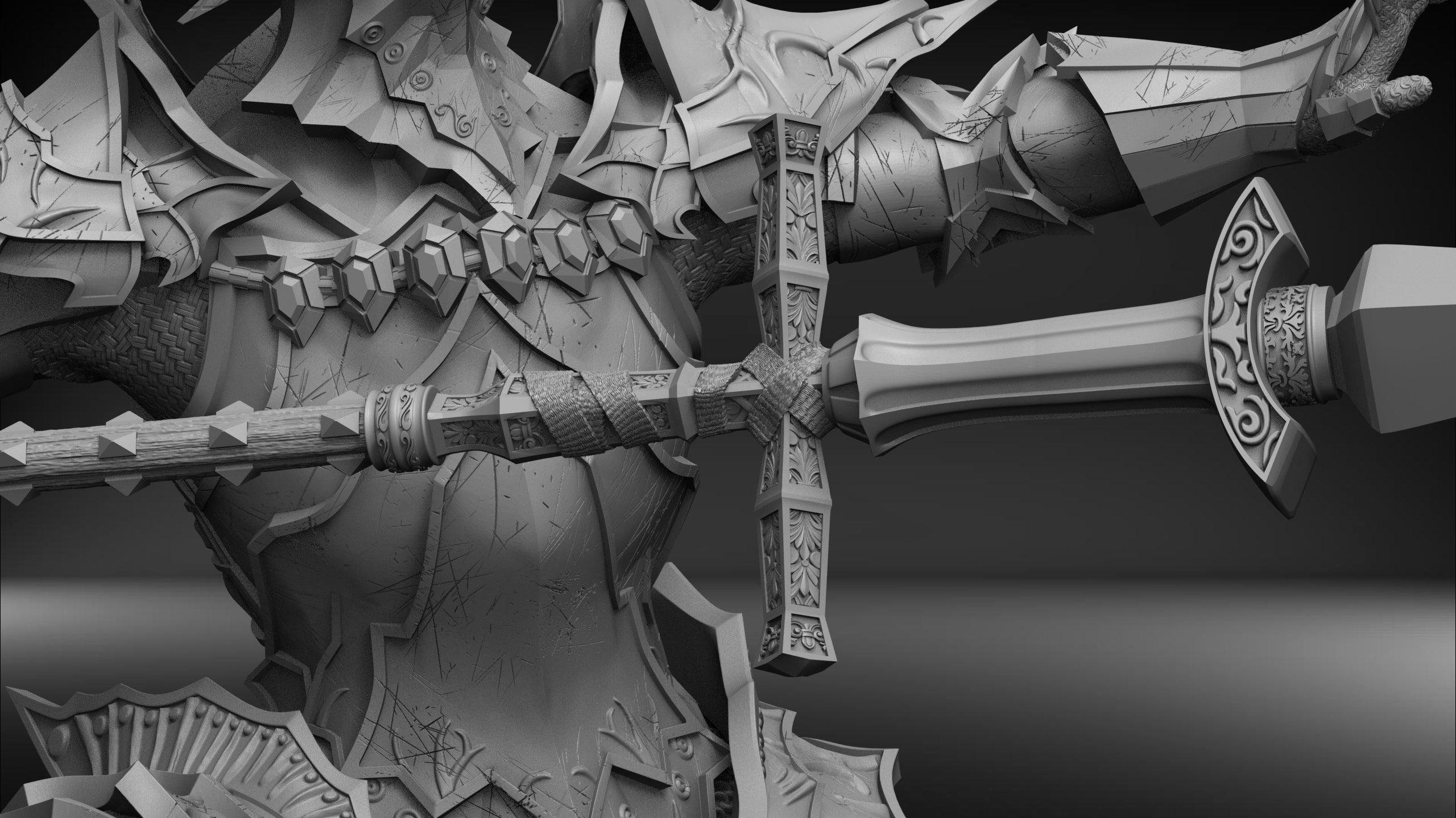 Close-up of a detailed sword and armor on a dark background