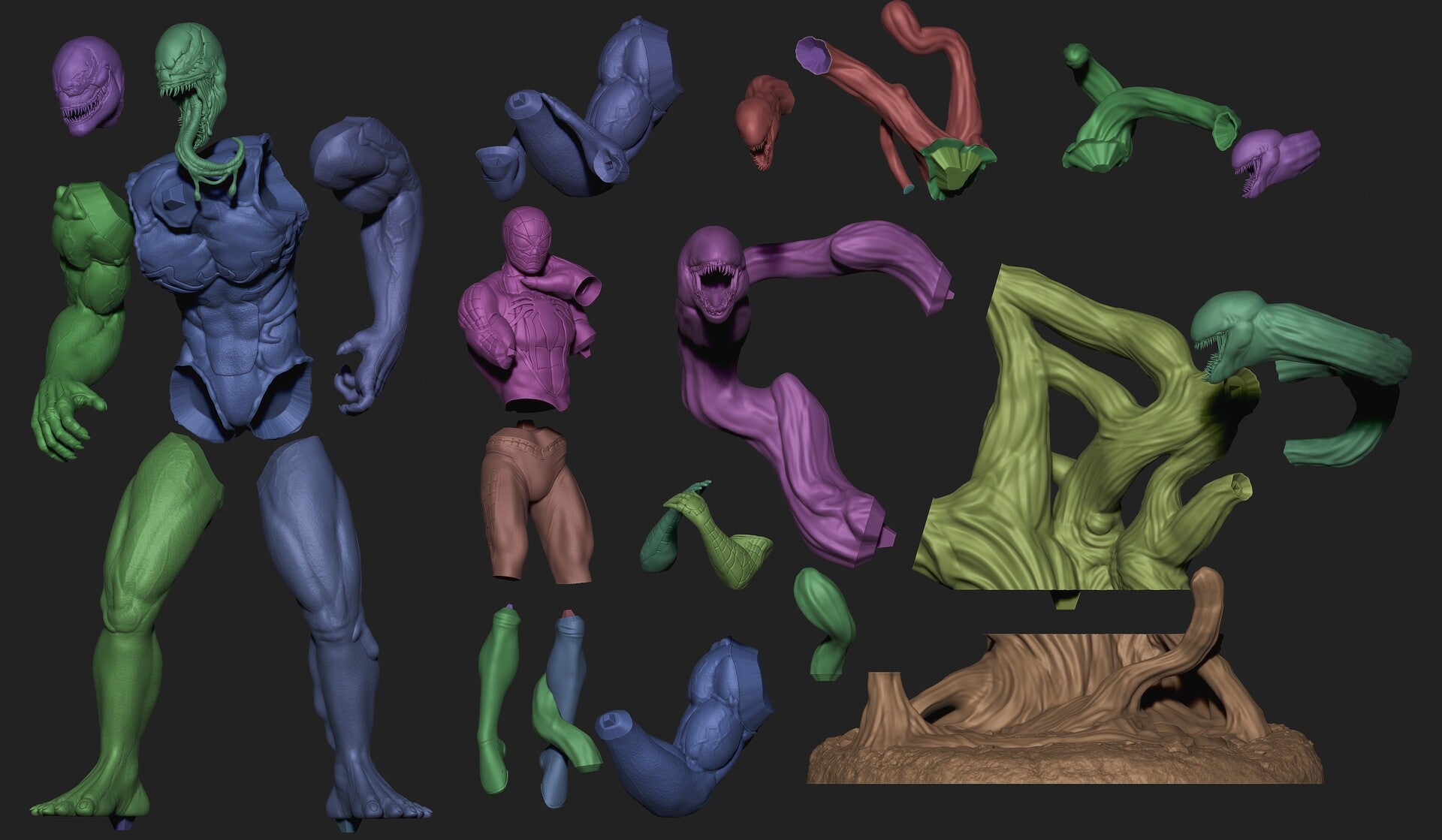 Collection of colorful action figures on a dark background