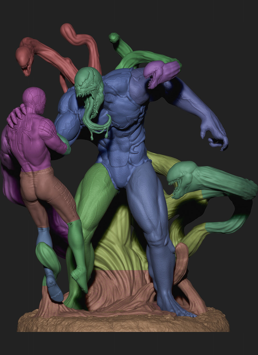 Colorful figurine of a muscular character with tentacle-like appendages on a dark background