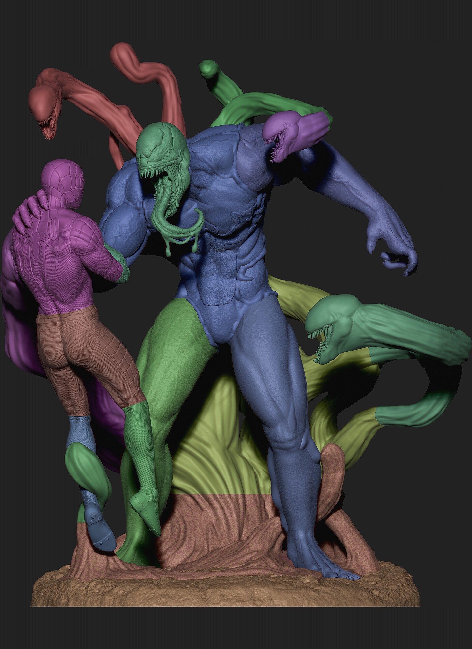 Colorful figurine of a muscular character with tentacle-like appendages on a dark background
