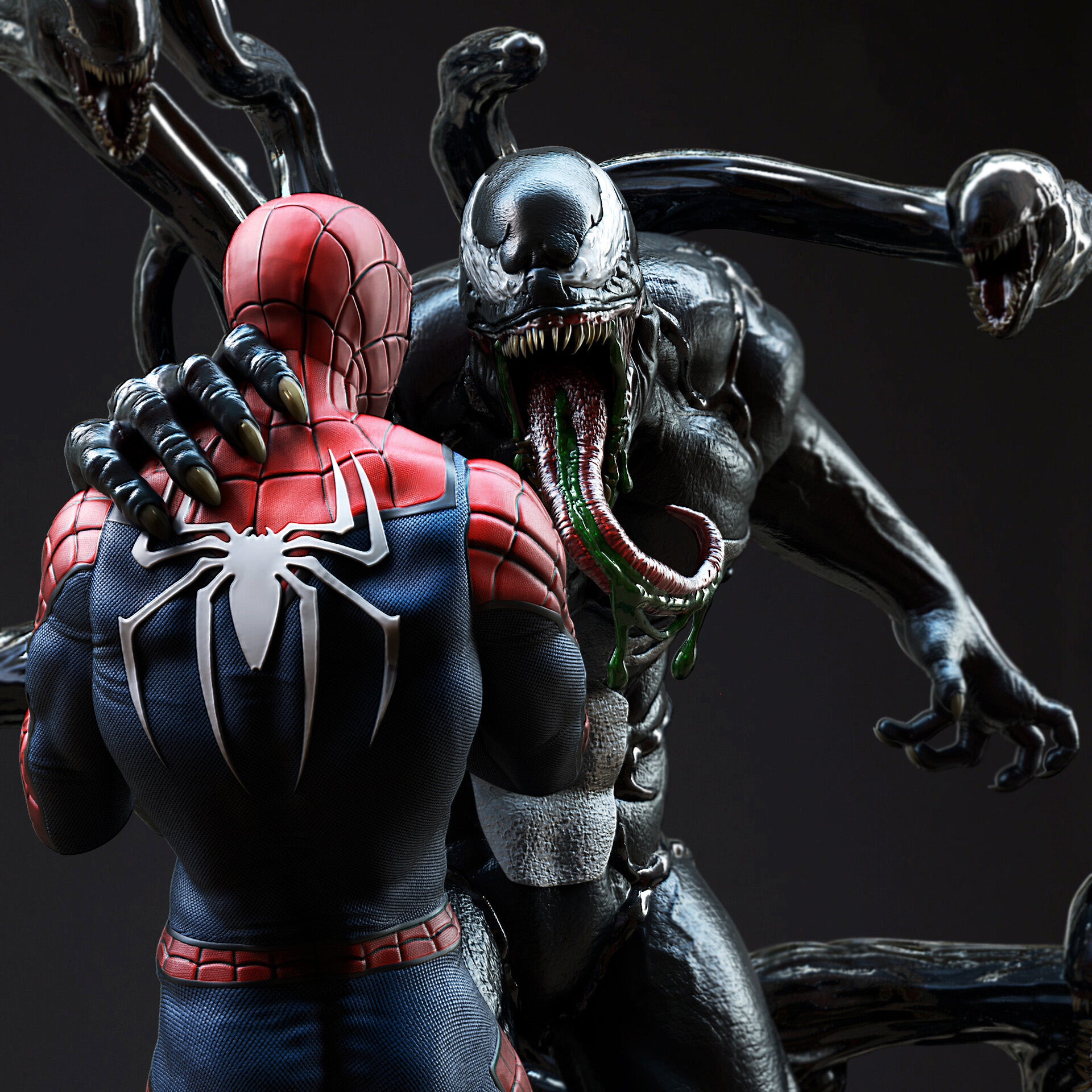 Spider-Man and Venom action figures facing each other on a dark background