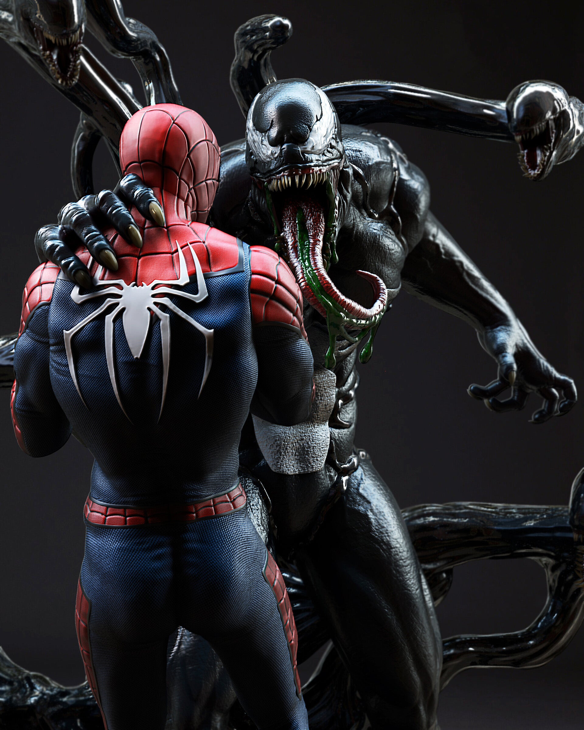 Spider-Man and Venom action figures facing each other on a dark background