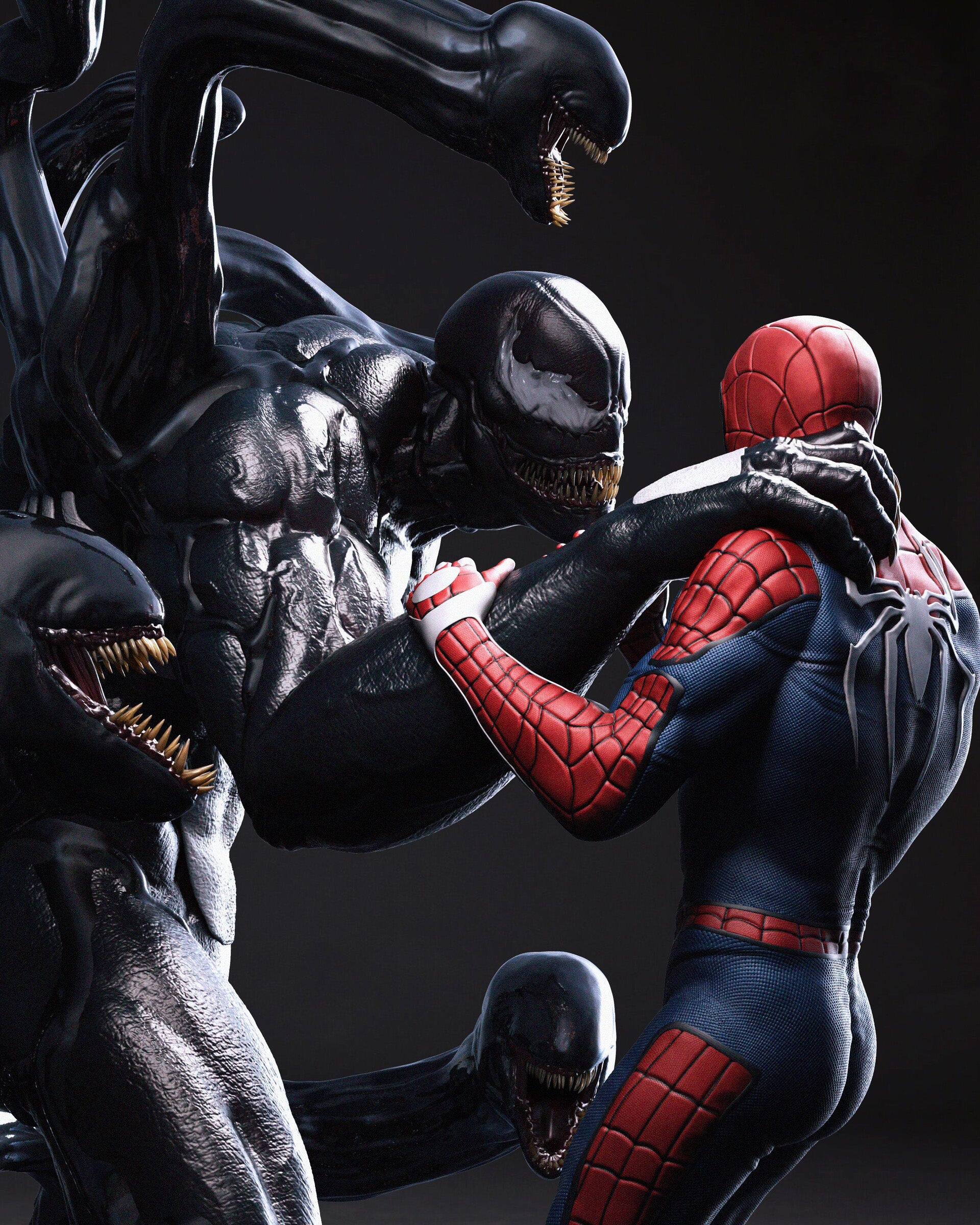 Spider-Man in a red and blue suit facing off against multiple alien creatures on a dark background.