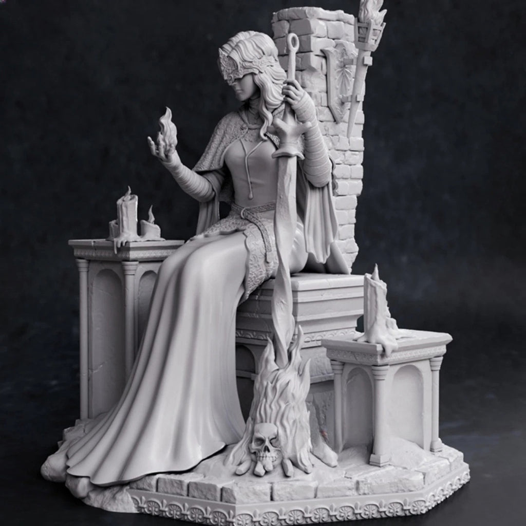 Statue of a figure seated on a throne with candles and a skull in a dark setting