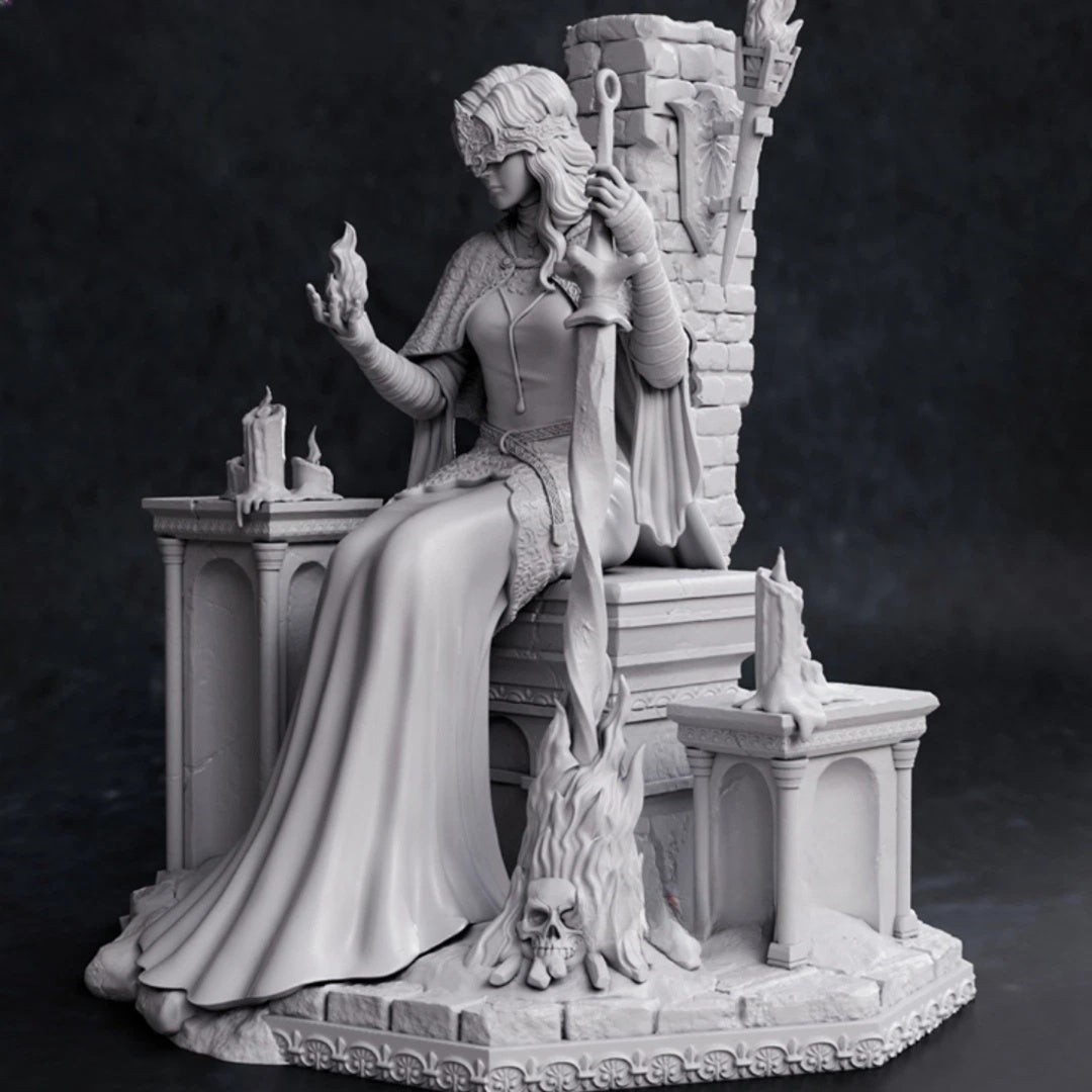 Statue of a figure seated on a throne with candles and a skull in a dark setting