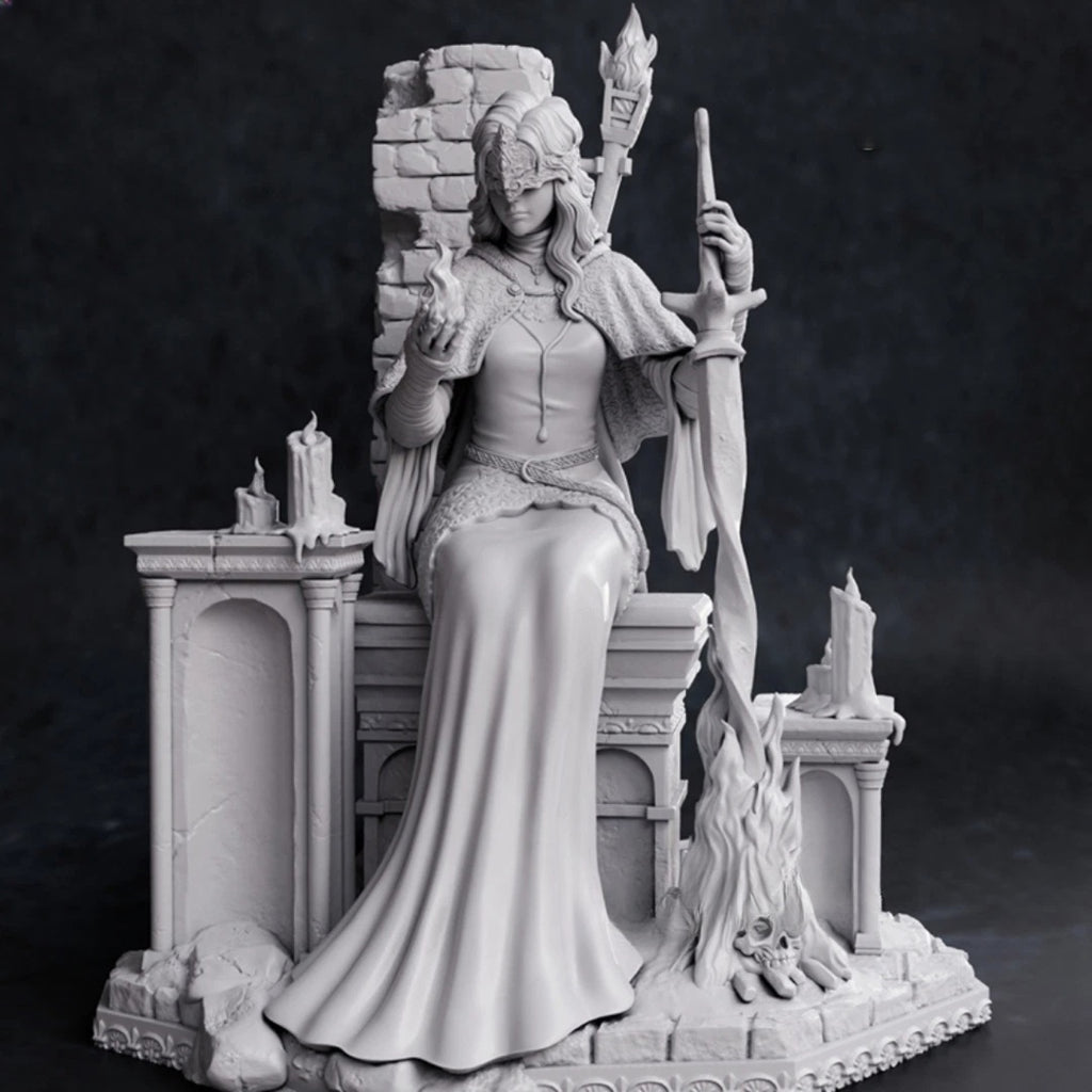 Statue of a figure in regal attire sitting on a throne with architectural elements.