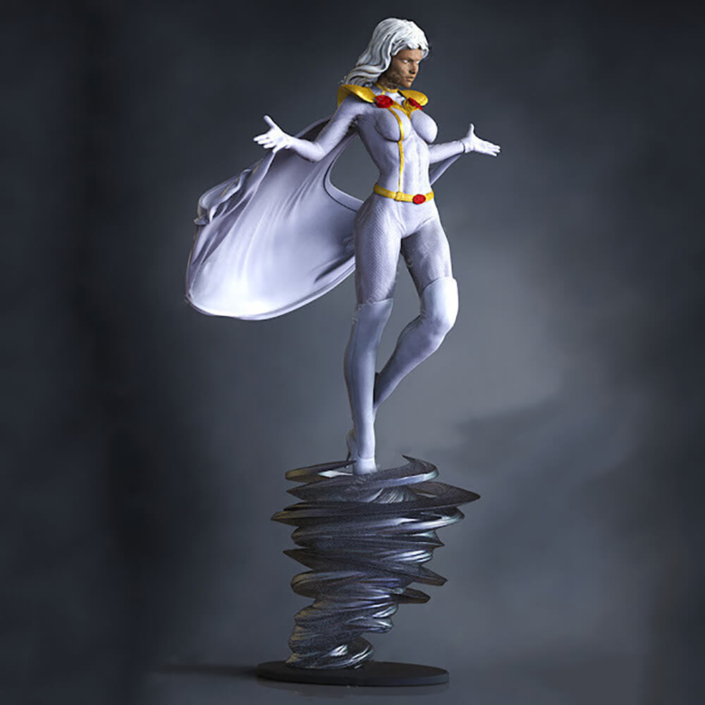 A detailed collectible statue of a female superhero character with white hair and a flowing white cape, wearing a white bodysuit with yellow and red accents, posed on a dark metallic spiral base against a dark gray studio background.