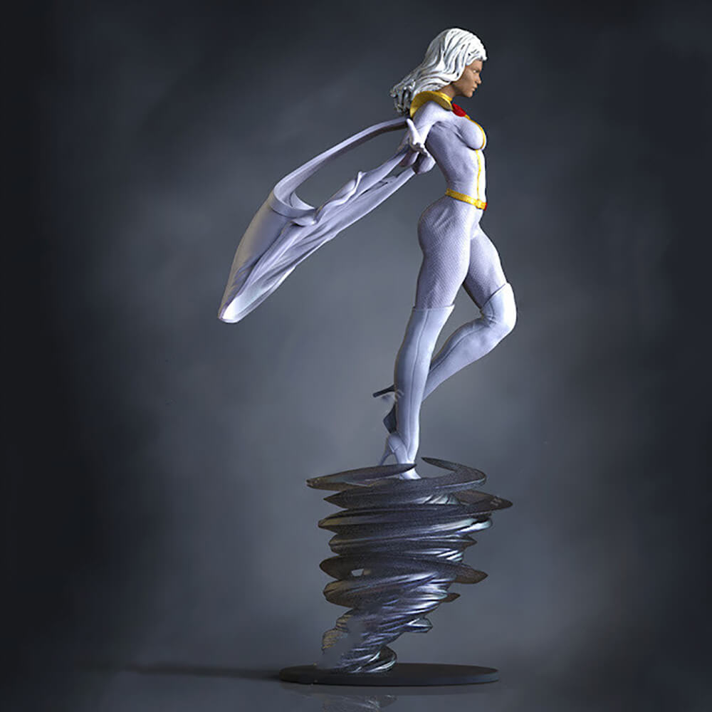 A detailed collectible figurine of a female superhero character in a white bodysuit with yellow and red accents, posed dynamically on a metallic spiral base against a dark gray studio background.