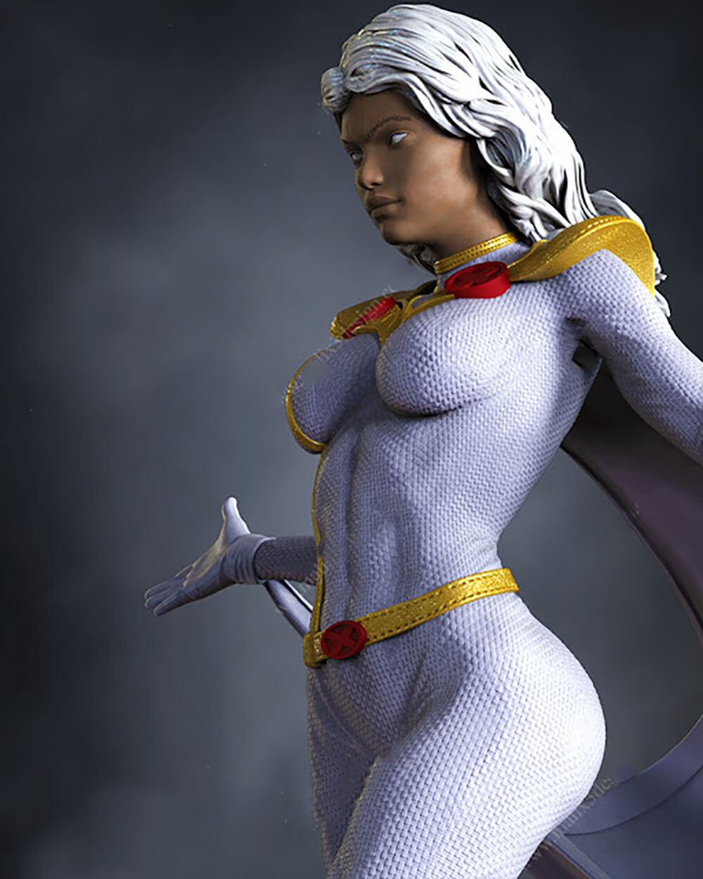 A female superhero figurine or collectible character shown in profile against a dark smoky gray background. She has silver-white hair, a textured pale lavender-gray bodysuit, and bright yellow trim with small red accents.