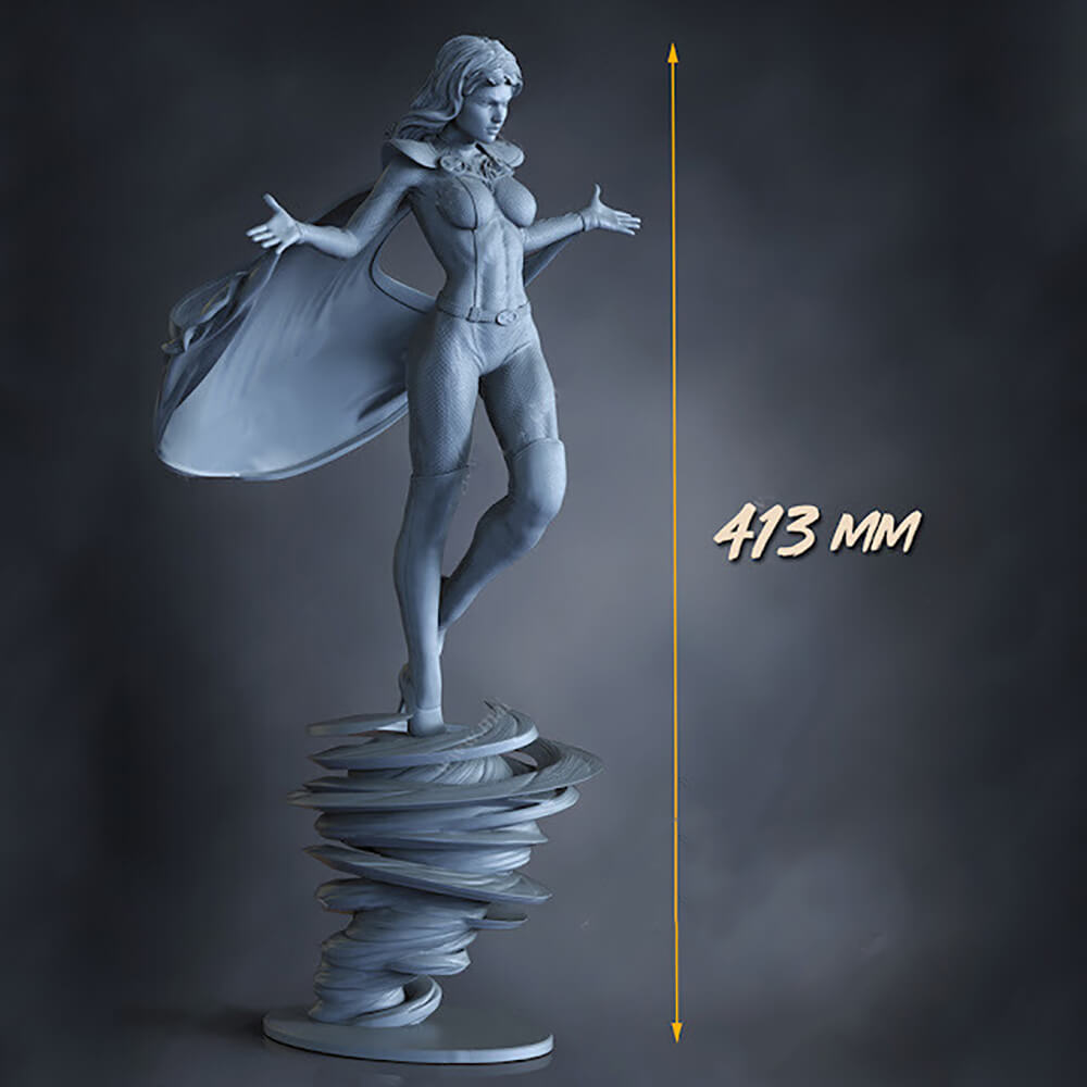 A monochrome statue of a female superhero standing on a swirling base, with a vertical measurement arrow and the text '413 MM' indicating height. The product is shown against a dark gray studio background.