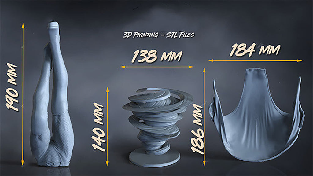 Three gray 3D-printed sculptural forms shown on a dark gray background with overlaid dimension labels: a tall twisted leg sculpture 190 mm tall, a spiral cone sculpture 138 mm wide and 186 mm tall, and a draped abstract form 184 mm wide. Text at the top reads '3D PRINTING - STL FILES'.