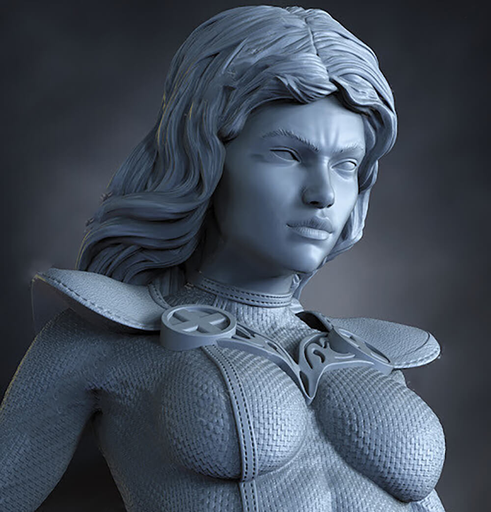 A monochrome gray 3D-printed female warrior figurine with detailed armor, textured skin, and wavy hair, shown in a close-up studio shot against a dark gray background.
